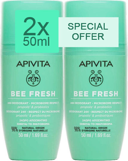 APIVITA - Bee Fresh 24H Deodorant Microbiome Respect Αποσμητικό Roll On 24ωρης Προστασίας με Πρόπολη & Προβιοτικά 2x50ml