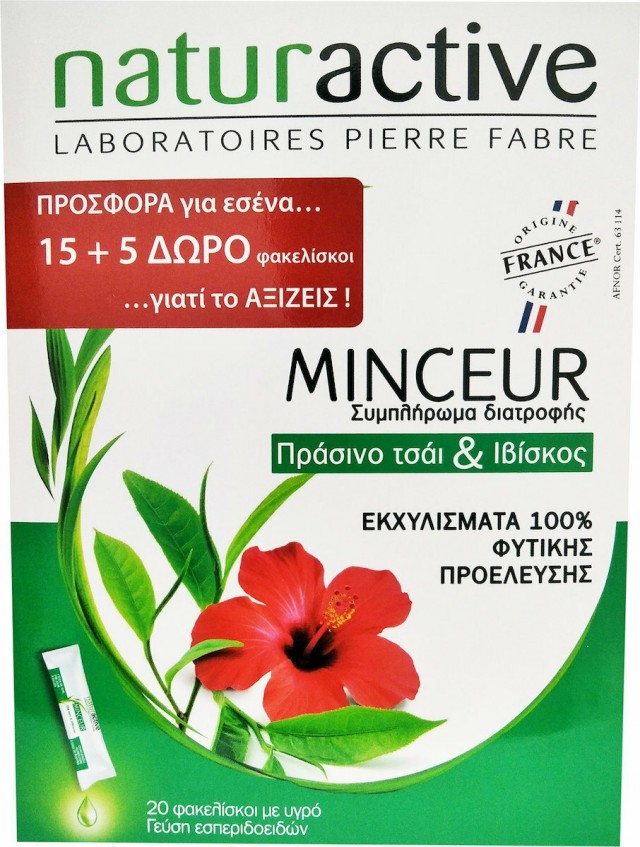 NATURACTIVE - Minceur Συμπλήρωμα Διατροφής Αδυνατίσματος Πράσινο Τσάι & Ιβίσκος 15 Φακελίσκοι + 5 ΔΩΡΟ