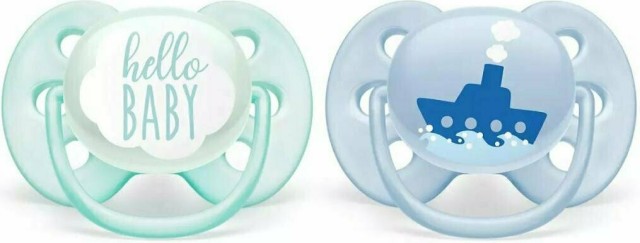 AVENT -  Ultra Soft Πιπίλες Σιλικόνης 0-6m+ Hello Baby Γκρι - Γαλάζιο 2τμχ