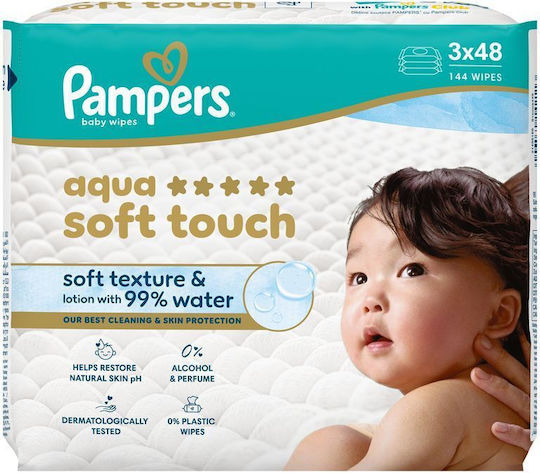 PAMPERS - Promo Pack Aqua Soft Touch Baby Wipes Μωρομάντηλα  χωρίς Οινόπνευμα με 99% Νερό 3 x 48τμχ (144τμχ)