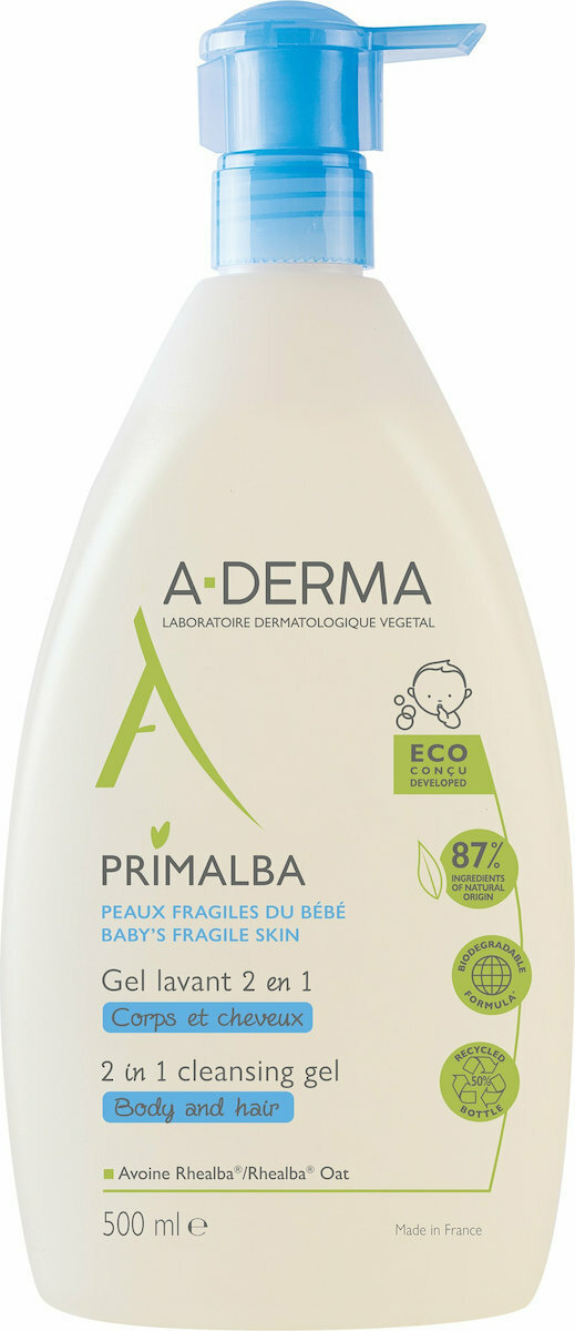 A-DERMA - Primalba Baby Cleansing Gel 2 in1Τζελ Καθαρισμού για το Ευαίσθητο Βρεφικό Δέρμα 500ml