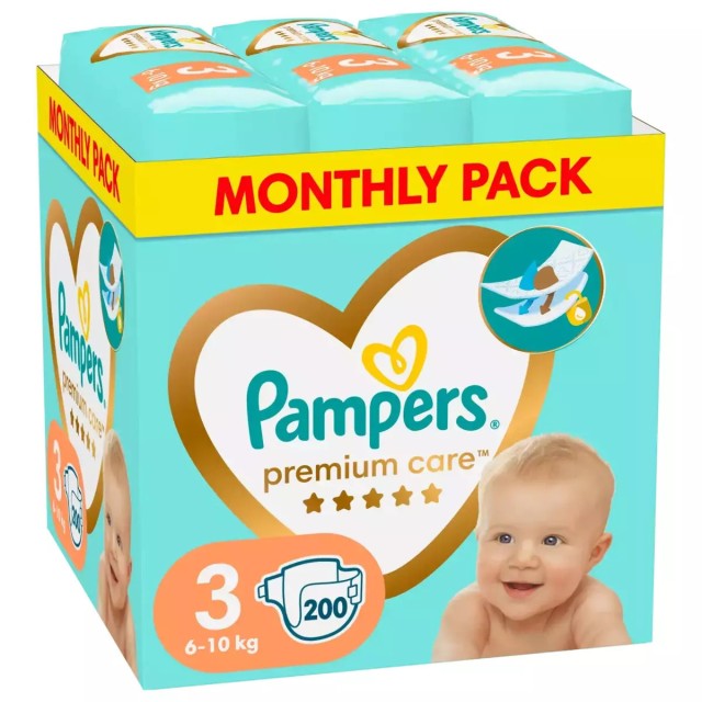 PAMPERS - Premium Care Πάνες Μέγεθος 3 (6kg - 10kg) Monthly Pack 200 Πάνες