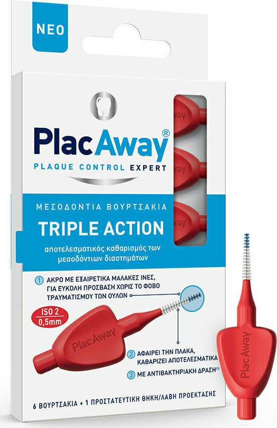 PLAC AWAY - Triple Action Μεσοδόντια Βουρτσάκια 0.5mm Κόκκινο 6τμχ