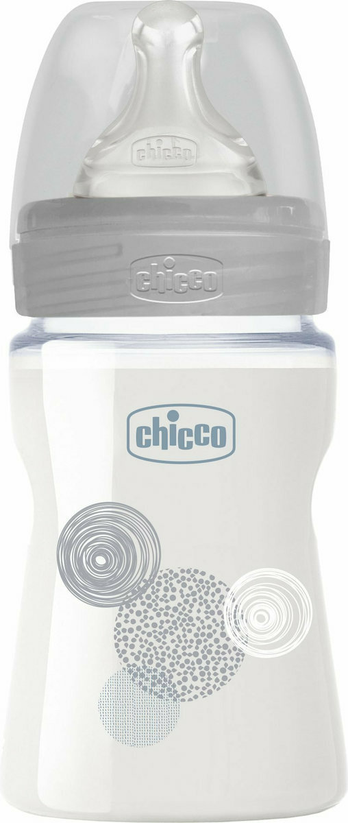 CHICCO - Well Being 0m+ Mπιμπερό Γυάλινο με Θηλή Σιλικόνης Κανονικής Ροής 150ml Γκρι Κύκλοι, 1τεμ