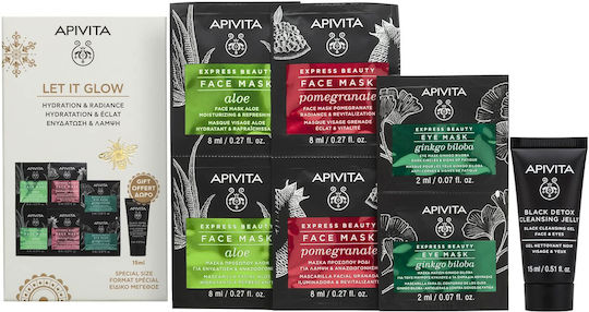 APIVITA - Promo Let It Glow Hydration & Radiance Μάσκα Προσώπου Pomegranate 2 x 8ml & Μάσκα Προσώπου Aloe 2 x 8ml & Μάσκα Ματιών Ginkgo 2 x 2ml & Δώρο Μαύρο Τζελ Καθαρισμού με Ενεργό Άνθρακα 15ml