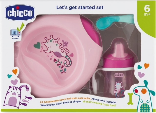 CHICCO - Σετ Φαγητού (Πιάτο θερμός + Ποτήρι + Κουτάλι Αρχής) 6+ μηνών Ροζ