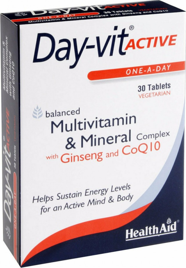HEALTH AID - Day-Vit Active Co-Q-10 & Ginseng Συμπλήρωμα Διατροφής με Βιταμίνες, Μέταλλα, Q10 & Panax Ginseng για Ενέργεια & Τόνωση 30 Ταμπλέτες