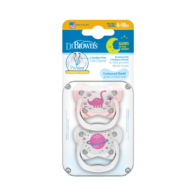 DR. BROWNS - Ορθοδοντικές Πιπίλες Σιλικόνης PreVent Νυκτός για 6-18m με Σχέδια για Κορίτσι PV 22007 2τμχ