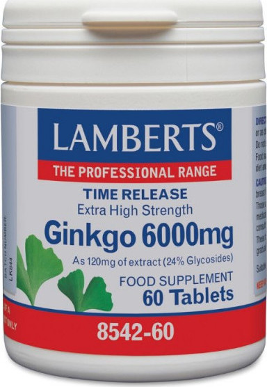 LAMBERTS - Ginkgo Biloba Extract 6000mg, Ενίσχυση Μνήμης & Συγκέντρωσης, Βελτίωση Κυκλοφορίας του Αίματος, Ενδυνάμωση της Τριχοφυϊας, 60 Ταμπλέτες