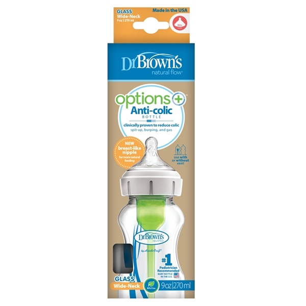 DR BROWNS -  Natural Flow Options+ Anti-Colic Γυάλινο Μπιμπερό Κατά των Κολικών με Φαρδύ Λαιμό για 0m+ 270ml