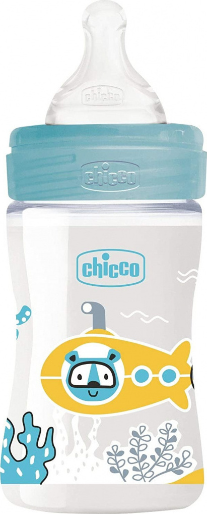 CHICCO - Πλαστικό Μπιμπερό Well Being  Θηλή Aργής Ροής Σιλικόνης 0m+ Μπλε 150ml