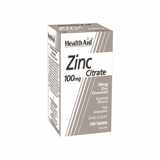 HEALTH AID - Zinc Citrate 100mg Συμπλήρωμα Διατροφής Ψευδάργυρου Κιτρικού Με Ευεργετικές Ιδιότητες Για Ανοσοποιητικό, Δέρμα Και Αναπαραγωγικό Σύστημα 100 Ταμπλέτες