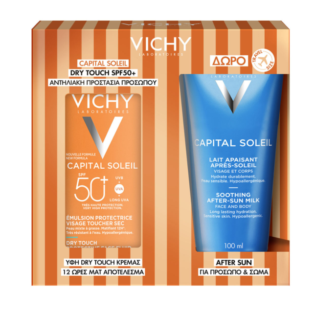 VICHY - Promo Capital Soleil Dry Touch SPF50+ Λεπτόρευστη Αντηλιακή Κρέμα Προσώπου 50ml & & Δώρο Soothing After Sun Milk Ενυδατικό Γαλάκτωμα για Μετά τον Ήλιο για Πρόσωπο - Σώμα 100ml