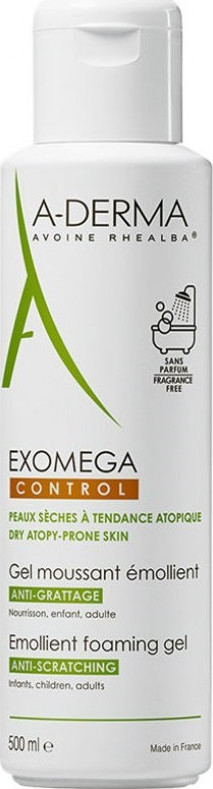 A-DERMA - Exomega Control Gel Moussant Emollient ,Μαλακτικό τζελ καθαρισμού για το ατοπικό και πολύ ξηρό δέρμα 500ml