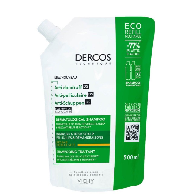 VICHY - Dercos Anti-dandruff DS Refill Σαμπουάν κατά της Πιτυρίδας για Ξηρά Μαλλιά Ανταλλακτική Συσκευασία 500ml