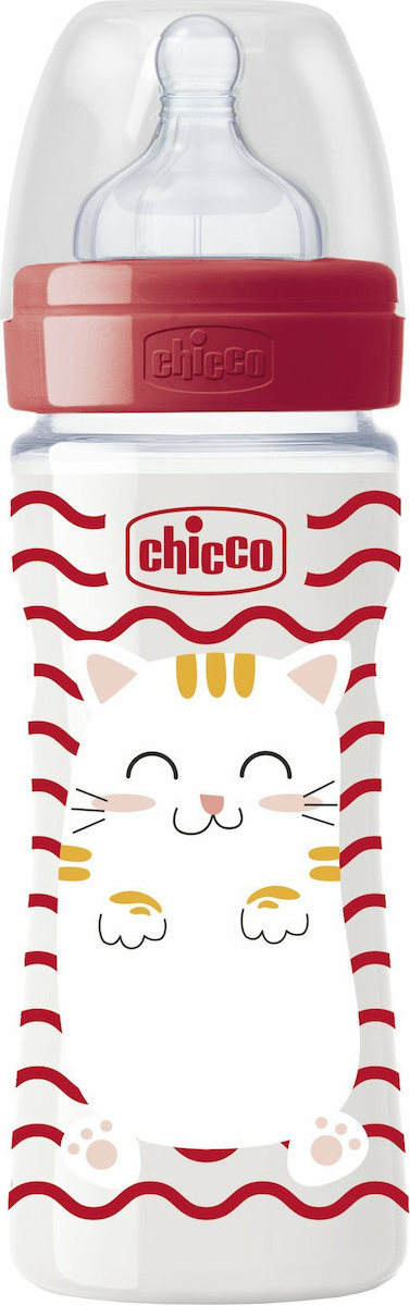 CHICCO - Πλαστικό Μπιμπερό Well-Being Pop Friends Red Cat Θηλή Σιλικόνης Μέτρια Ροή 2m+ 250ml