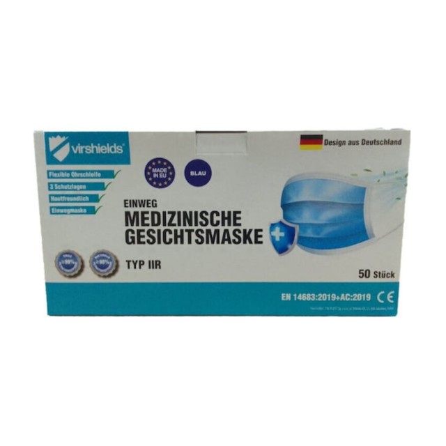 VIRSHIELDS - Medical Μάσκα Προστασίας Μιας Χρήσης Χειρουργική Μπλε 50τμχ