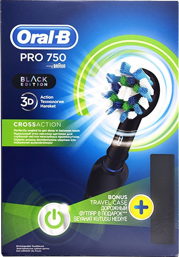 ORAL-B - Pro 750 CrossAction 3D Black Edition Hλεκτρική Οδοντόβουρτσα με 1 κεφαλή σε Μαύρο Χρώμα & Δώρο Μαύρη Θήκη Ταξιδιού 1τμχ