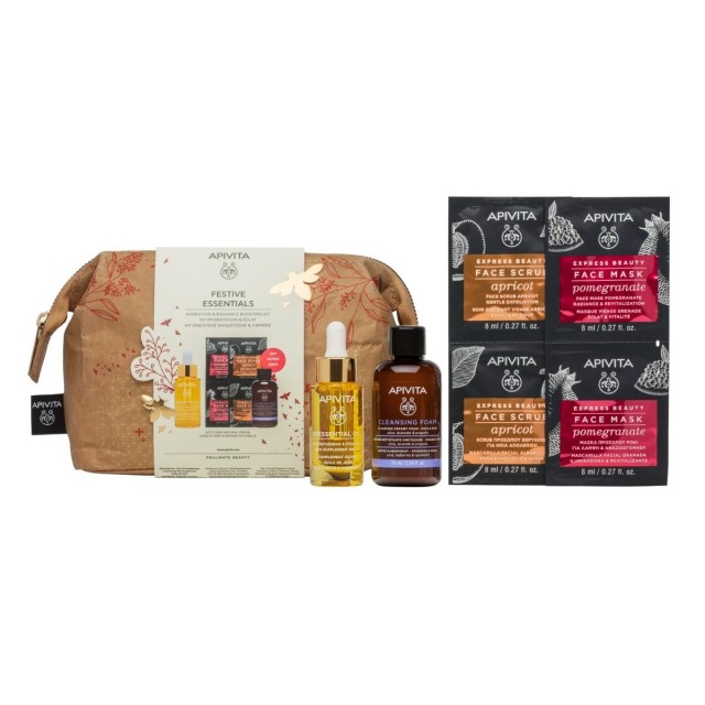 APIVITA - Promo Festive Essential Beesentials Έλαιο Προσώπου Ημέρας, 15ml & Express Mask Ρόδι 2x8 & Express Mask Βερίκοκο 2x8ml & Δώρο Κρεμώδης Αφρός Καθαρισμού 75ml