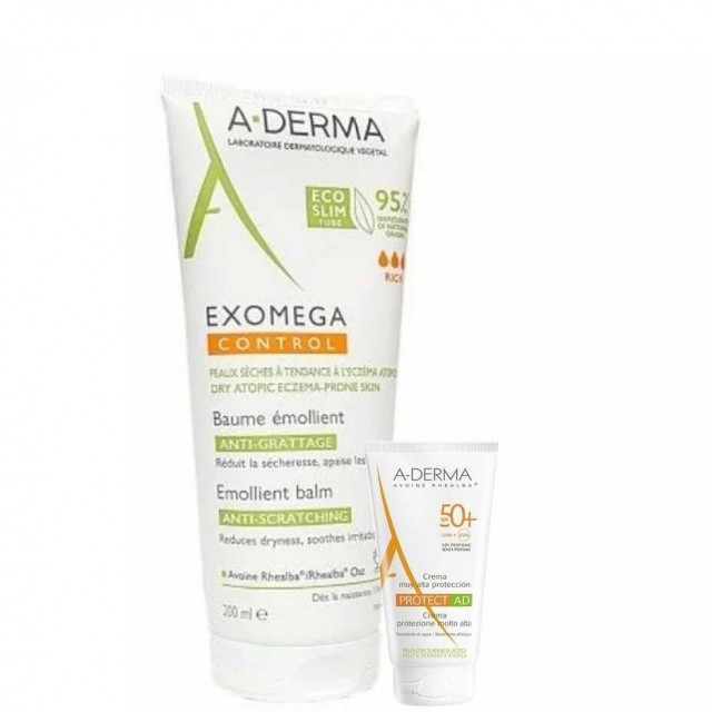 A-DERMA - Promo Exomega Control Emollient Balm 200ml & Δώρο Protect AD Cream Spf50+, 5ml