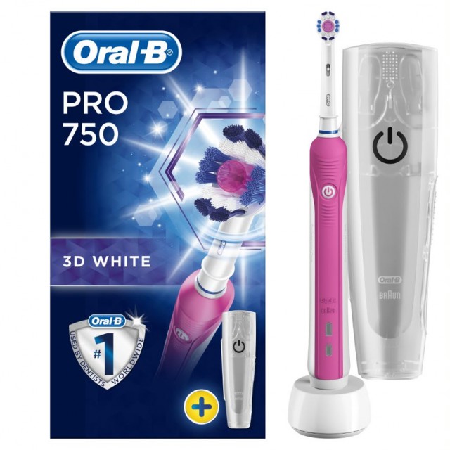 ORAL-B - Pro 750 3D White Pink Colour Ηλεκτρική Οδοντόβουρτσα Ροζ Χρώμα για Φυσικά πιο Λευκά Δόντια & Δώρο Θήκη Ταξιδιού 1 τμχ