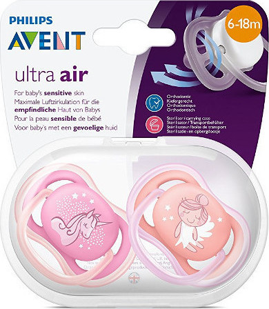 AVENT - Πιπίλα Σιλικόνης για 6-18 μηνών με Θήκη Μονόκερος Ροζ - Πορτοκαλί 2τμχ