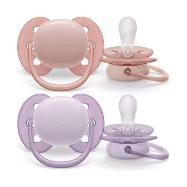 AVENT - Ultra Soft Ορθοδοντικές Πιπίλες Σιλικόνης 0-6m+ Σομόν / Λιλά 2τμχ