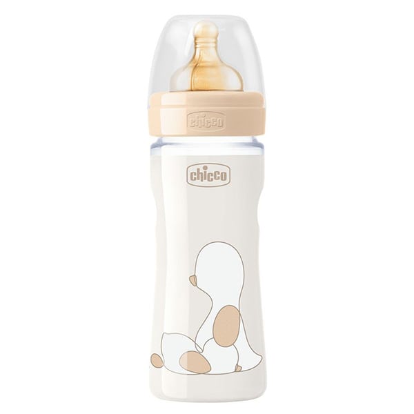 CHICCO - Γυάλινο Μπιμπερό Well Being Θηλή Aργής Ροής Καουτσούκ 0m+ Μπεζ 240ml