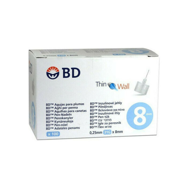 B-D - Thin Wall 8 Αποστειρωμένες Βελόνες για Πένες Ινσουλίνης Διαστάσεις 0.25x8mm (31G) 100τμχ