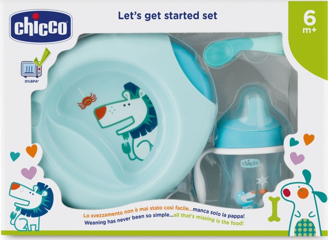 CHICCO - Σετ Φαγητού (Πιάτο θερμός + Ποτήρι + Κουτάλι Αρχής) 6+ μηνών Σιέλ