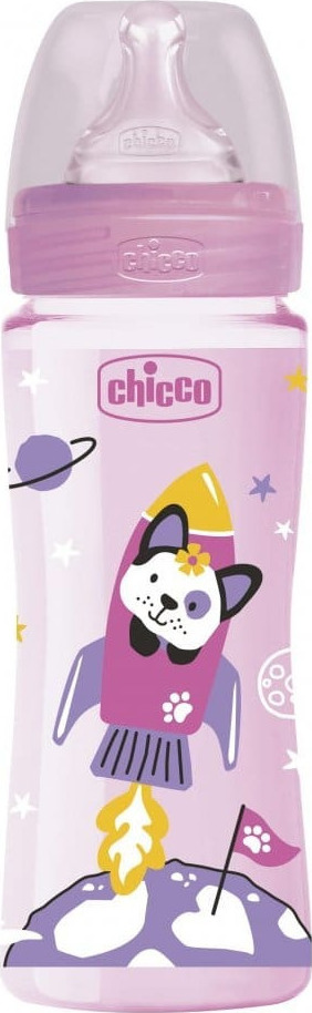 CHICCO - Πλαστικό Μπιμπερό Well Being Θηλή Γρήγορης Ροής Σιλικόνης 4m+ Ροζ 330ml