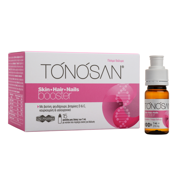 UNI-PHARMA - Tonosan Skin-Hair-Nails Booster Συμπλήρωμα με Βιοτίνη, Ψευδάργυρο, Βιταμίνες D & C, Κουρκουμίνη & Υαλουρονικό 15 Φιαλίδια x 7ml