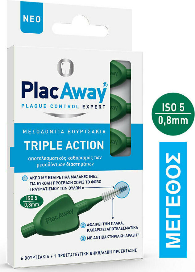 PLAC AWAY - Triple Action Μεσοδόντια Βουρτσάκια 0.8mm Πράσινο 6τμχ