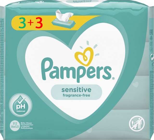 PAMPERS - Promo Sensitive Μωρομάντηλα Ιδανικά για την Ευαίσθητη Επιδερμίδα του Μωρού 6x52τμχ