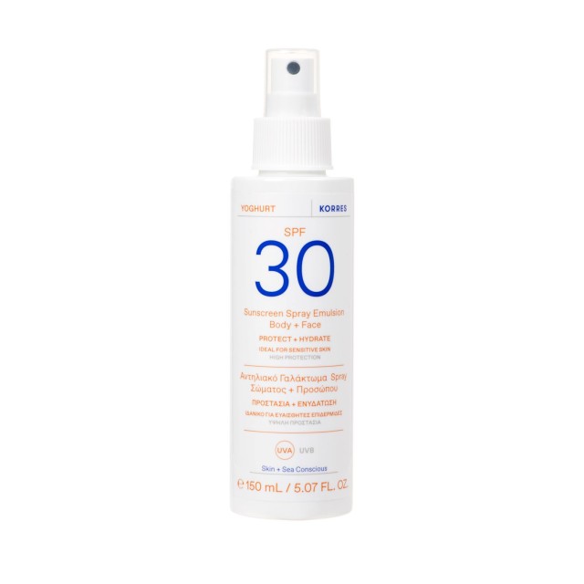 KORRES - Yoghurt Sunscreen Spray Emulsion SPF 30 Body & Face, Γιαούρτι Αντηλιακό Γαλάκτωμα Spray Σώματος & Προσώπου SPF 30 150ml
