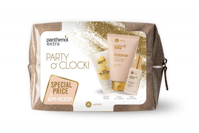 PANTHENOL EXTRA - Promo Party OClock Gold με Femme 3in1 Cleanser Καθαριστικό, 200ml, Femme Eau de Toilette Γυναικείο Άρωμα, 50ml, Gold Peel Off Mask Μάσκα Άμεσης Σύσφιξης, 75ml & Δώρο Χρυσό Νεσεσέρ, 1σετ