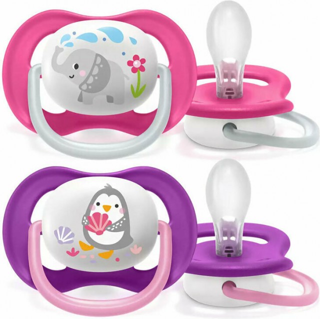 AVENT - Ultra Air Animal 6-18m+ Πιπίλα Σιλικόνης με Κρίκο για Κορίτσι Ροζ - Μωβ 2 Τεμάχια