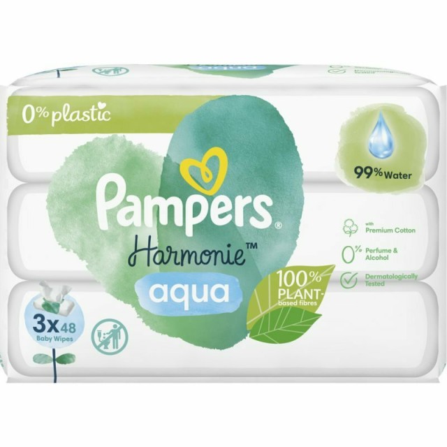 PAMPERS - Harmonie Aqua Baby Wipes Μωρομάντηλα με 99% Νερό, 3x48 Τεμάχια (2+1 ΔΩΡΟ)