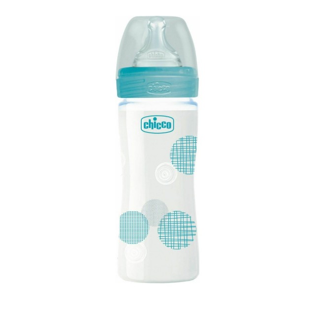 CHICCO - Γυάλινο Μπιμπερό Well Being  Θηλή Αργής Ροής Σιλικόνης 0m+ Σιέλ 240ml