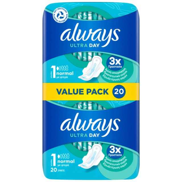 ALWAYS - Ultra Day Value Pack Normal Μέγεθος 1 Σερβιέτες με Φτερά 20τμχ
