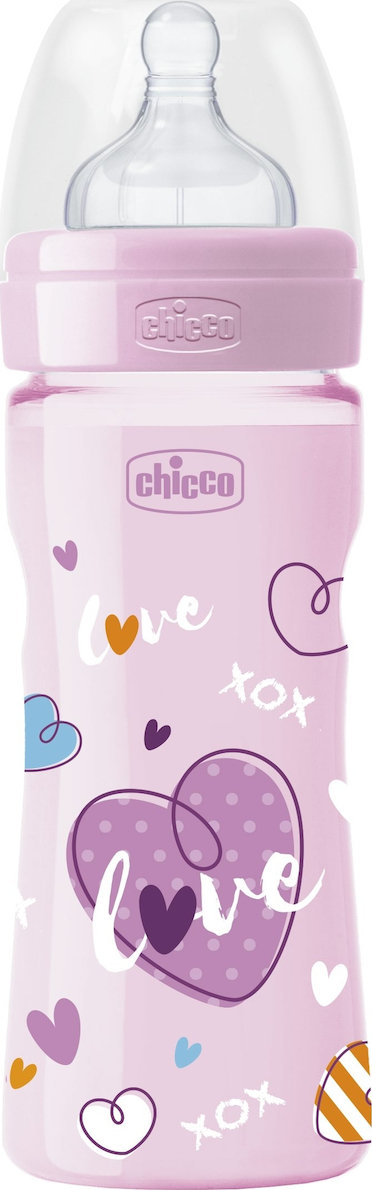 CHICCO - Well-Being Πλαστικό Μπιμπερό 2m+ Μέτριας Ροής Ροζ Με Θηλή Σιλικόνης 250ml