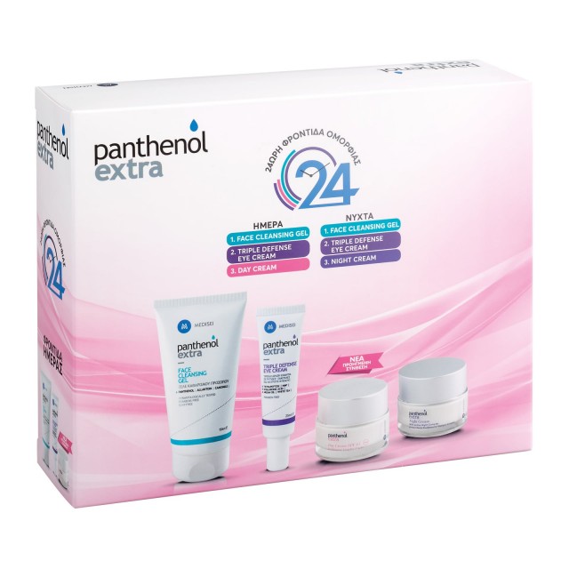 PANTHENOL EXTRA - Promo με Face Cleansing Gel Τζελ Καθαρισμού Προσώπου, 150ml & ΜΑΖΙ Triple Defense Eye Cream Κρέμα Ματιών Τριπλής Δράσης, 25ml & ΜΑΖΙ Day Cream SPF15 Ενυδατική Προστατευτική Κρέμα Ημέρας, 50ml & ΜΑΖΙ Night Cream Κρέμα Νύχτας με Active Nig