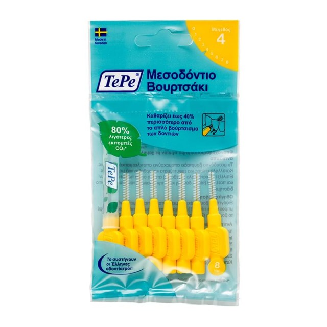 TEPE - Interdental Brush Original Size 4 , Μεσοδόντια Βουρτσάκια Καθαρισμού Size 4, σε χρώμα κίτρινο 0.7mm 8 τμχ