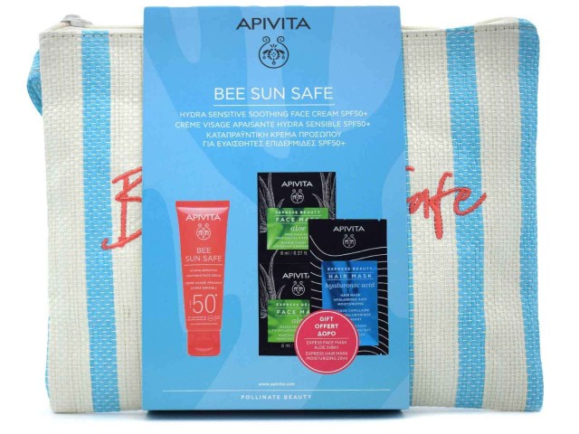 APIVITA - Promo Bee Sun Safe Hydra Sensitive Soothing Face Cream Spf50+ 50ml - Express Beauty  Face Mask with Aloe 2x8ml - Express Beauty Moisturizing Hair Mask Hyaluronic Acid 20ml & Δώρο Νεσεσέρ