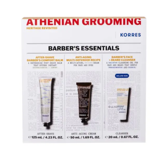 KORRES - Athenian Grooming Barbers Essentials - After-Shave 125ml & Anti-Aging Face & Eyes Cream 50ml & Face & Beard Cleanser 20ml