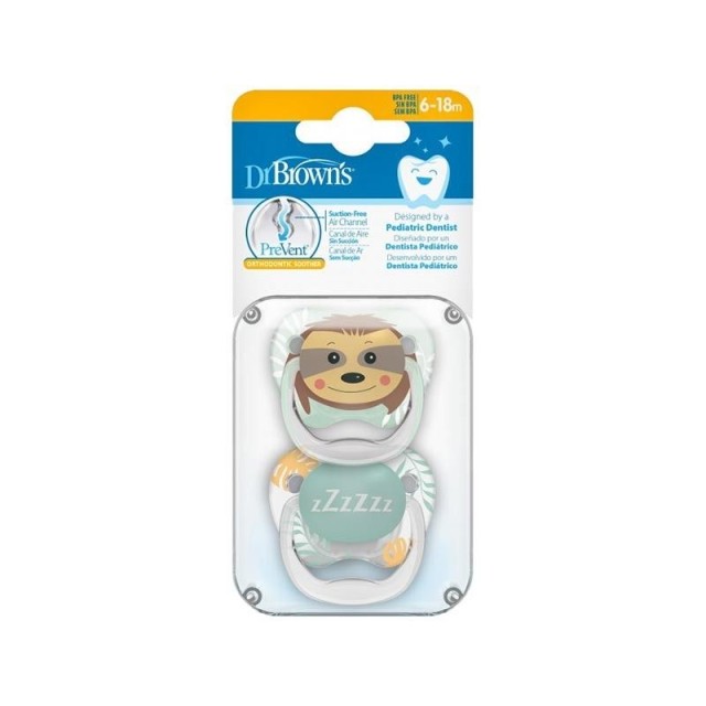 DR. BROWNS - PreVent Ορθοδοντικές Πιπίλες Σιλικόνης για 6-18m με Σχέδια Πράσινο 2τμχ