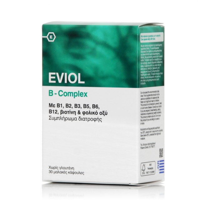 EVIOL - B-Complex Συμπλήρωμα Συμπλέγματος Βιταμίνης B για τη Φυσιολογική Λειτουργία του Νευρικού Συστήματος, 30 caps