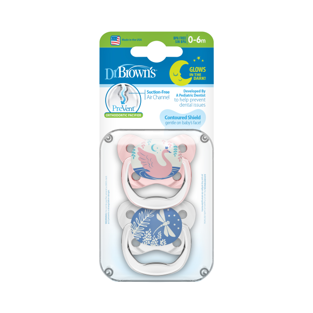 DR. BROWNS - Ορθοδοντικές Πιπίλες Σιλικόνης PreVent Νυκτός Ροζ για 0-6m με Σχέδια 2τμχ