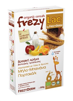 FREZYLAC -  Βιολογική Βρεφική Κρέμα Δημητριακών με Γάλα και Μήλο, Μπανάνα, Πορτοκάλι 200gr