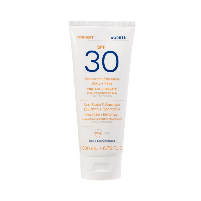 KORRES - Yoghurt Sunscreen Emulsion SPF 30 Body & Face, Γιαούρτι Αντηλιακό Γαλάκτωμα Σώματος & Προσώπου SPF 30 200ml